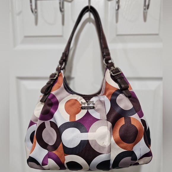 Coach Handbags - Coach Madison Maggie Multicolor Brown Purple OP Art Sateen Hobo Shoulder Bag